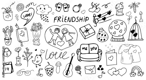 Big friendship and love clipart set. Hand drawn icons. Doodle collection with quotes, accessories, clothes, drinks, party decorations.