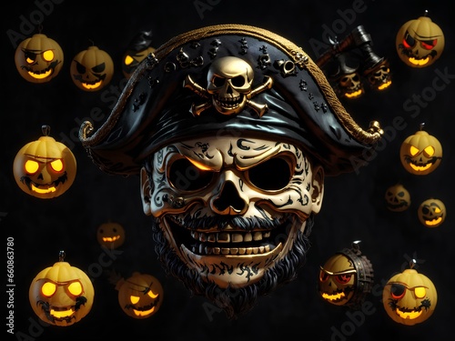 Scary pirate skull 3d emoji with black background 