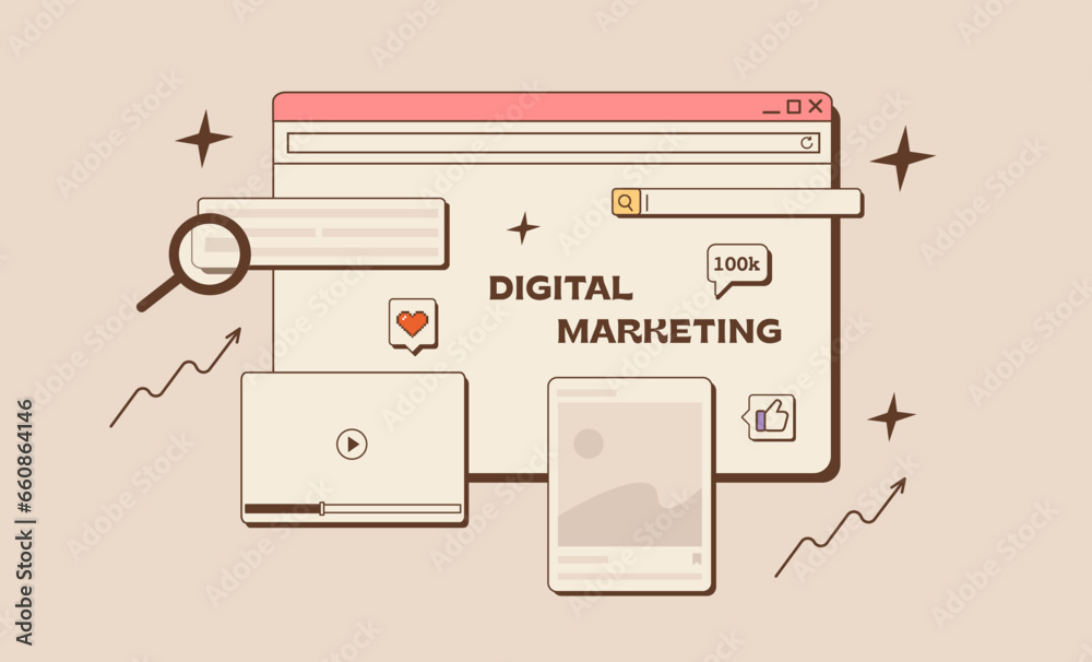 Digital Marketing concept in retro style. Old computer interface with browser window, search bar, social media statistic, multimedia player. SEO analysis, SMM, web app development. Vector illustration Digital Marketing concept in retro style. Old computer interface with browser window, search bar, social media statistic, multimedia player. SEO analysis, SMM, web app development. Vector illustration
