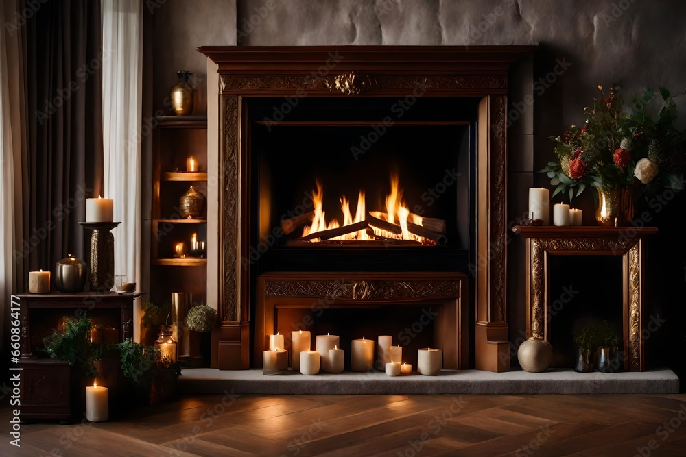 A cozy fireplace with a mantel, adorned with family photos and decorative vases.