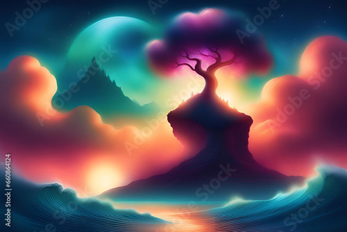 Fantasy landscape with a tree in the sky. Generative AI