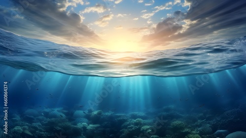 Split underwater view with sunny sky and serene sea. generative ai © kabir