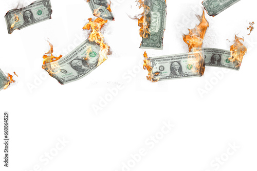Burning US Dollar bills falling down photo