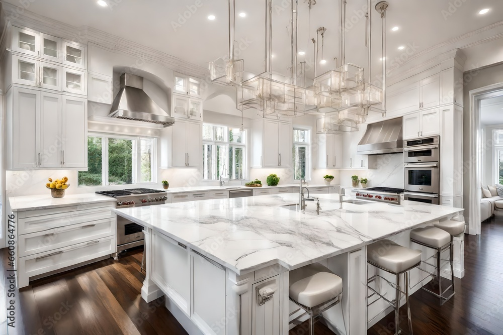 A pristine white kitchen with gleaming stainless steel appliances and marble countertops.