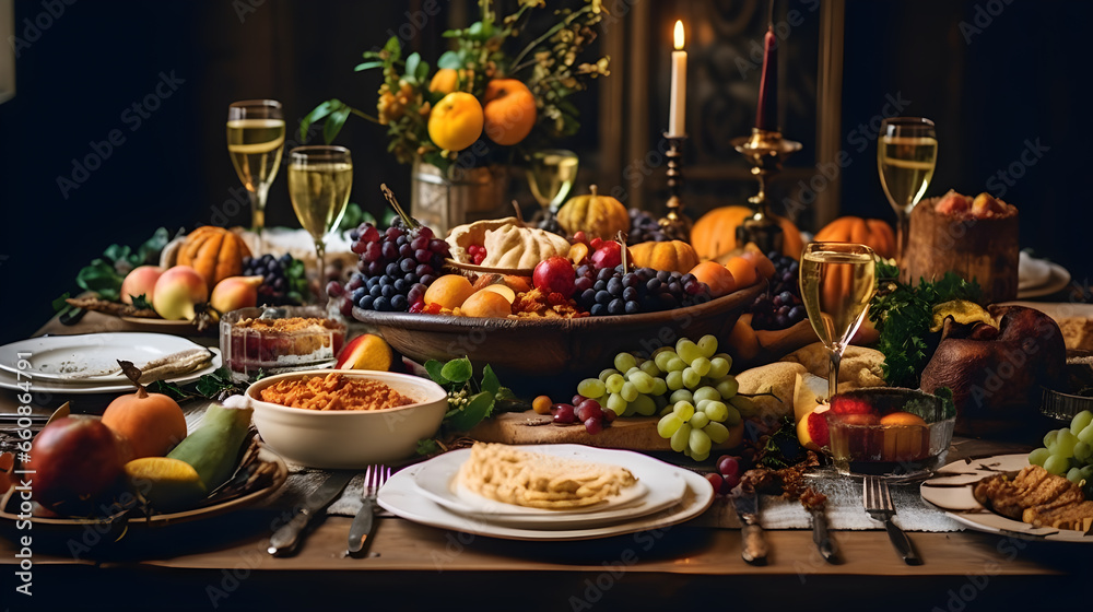 Thanksgiving dinner table set with candles flowers and plates. Ai generative.