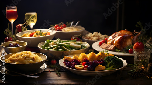 Thanksgiving dinner table set with candles flowers and plates. Ai generative.