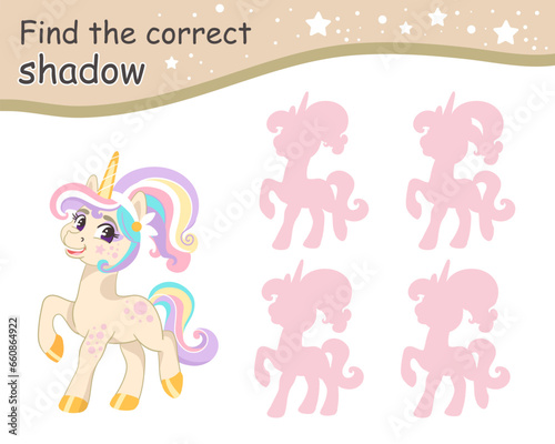 Find correct shadow cute unicorn with ponytail hairstyle vector