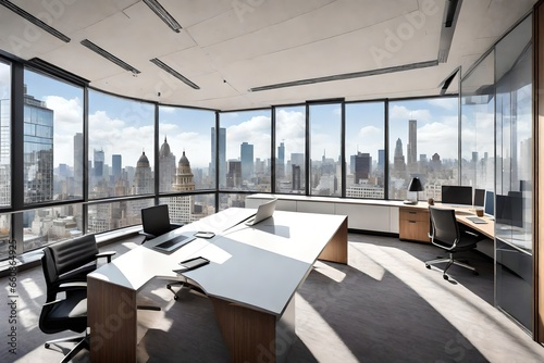 A corner office with floor-to-ceiling windows and a modern desk overlooking the city.