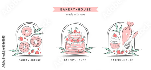 Bakery house logo. Set of design for pastry and bread shop. Kitchen tools and cakes and berries. Vector illustration