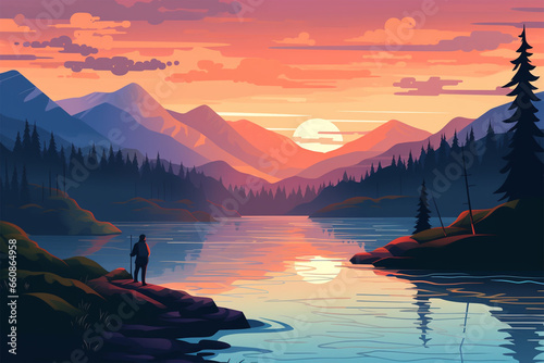vector illustration of a view of people fishing in a lake