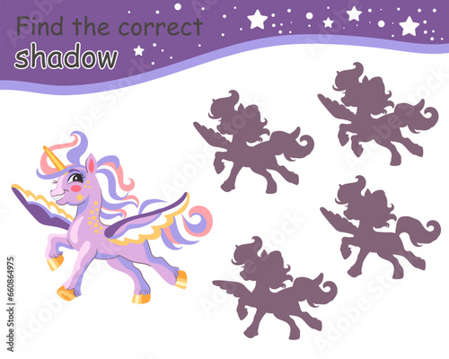 Find correct shadow romantic wingled purple unicorn vector