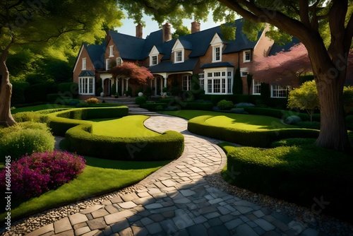 A beautifully landscaped front yard with manicured lawns and a winding stone pathway.