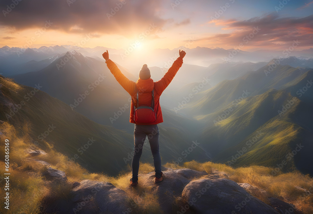 Positive man celebrating on mountain top, with arms raised up