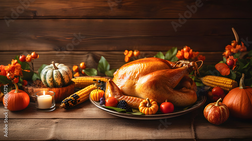Christmas or Thanksgiving turkey on rustic wooden table. Ai generative.