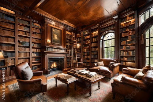 A cozy library with bookshelves stretching to the ceiling and a crackling fireplace. © Tae-Wan