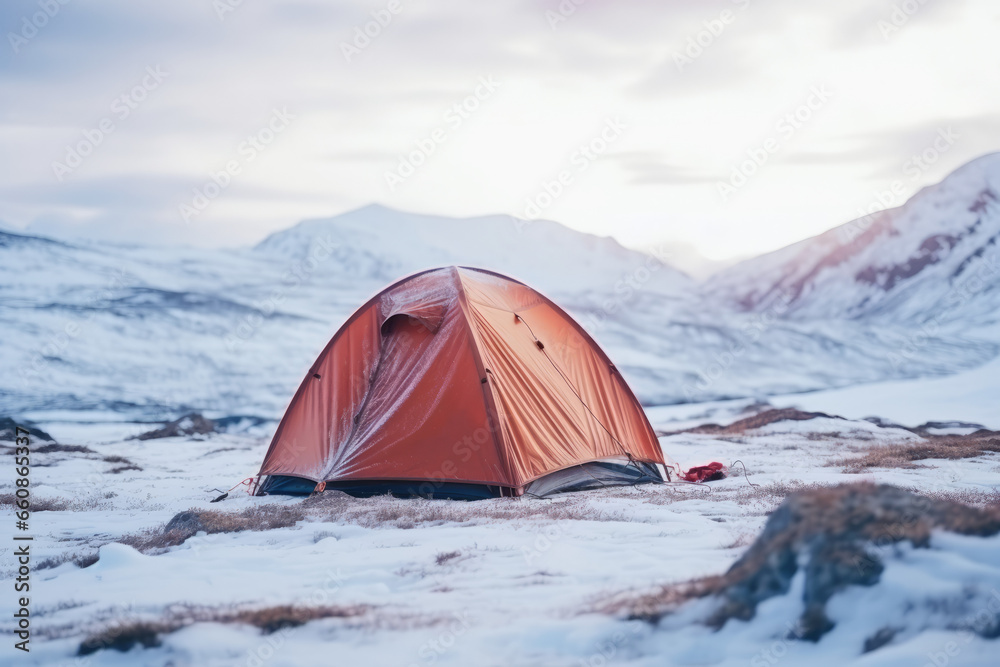 tent on snow hill in winter - obrazy, fototapety, plakaty 