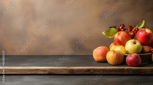 Autumn nature concept. Fall fruit and vegetables on wood. Thanksgiving dinner. ai generative