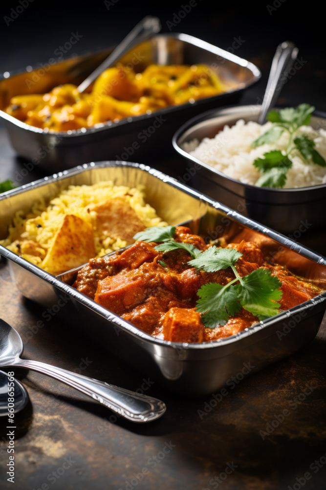Selection Indian Take Away Dishes In Foil Containers