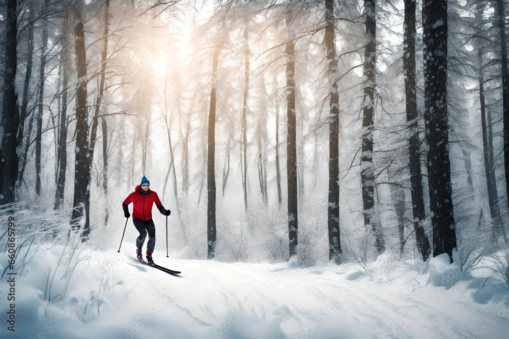 A cross-country skier gliding effortlessly through a snowy forest.