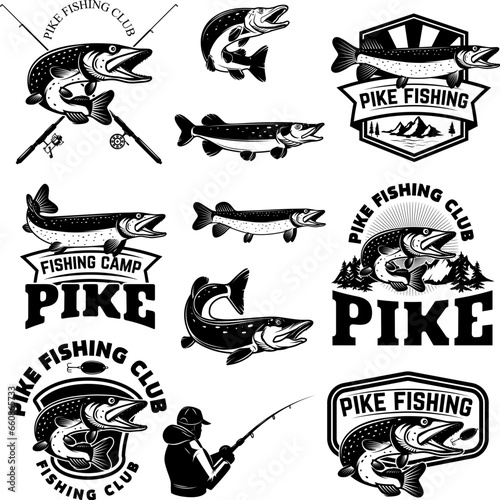 Set of pike fishing emblems in monochrome style. Pike fish logo, label, sign, poster, badge.