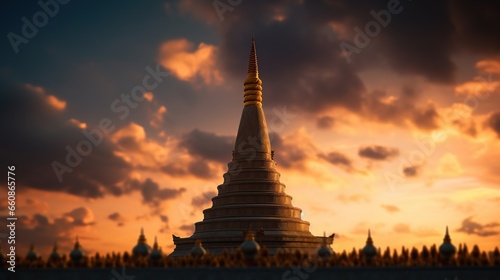 Silhouette of Buddha statue in temple with sunset background