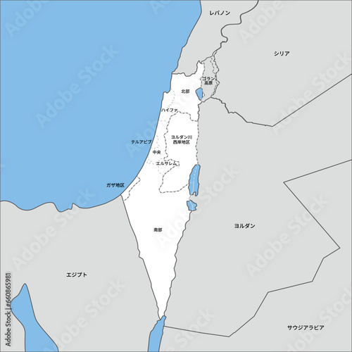 イスラエルの各地区とパレスチナ自治区、ゴラン高原の白地図、周辺国、日本語の地名入り