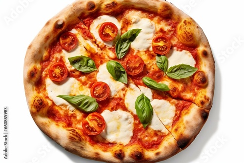 A classic pizza topped with mozzarella, tomatoes, and basil, placed on a white background. Generative AI