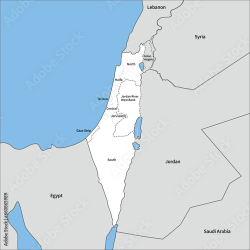 イスラエルの各地区とパレスチナ自治区、ゴラン高原の白地図、周辺国、英語の地名入り