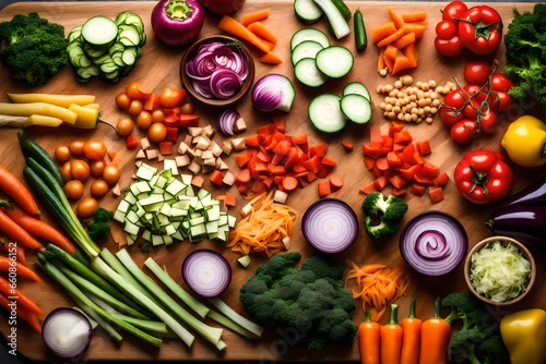 A wooden cutting board with a colorful array of chopped vegetables.