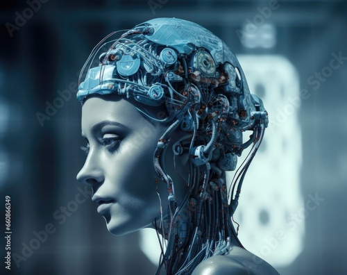 Techno Woman with Button and Wire Crown Gazing into the Future: Cyberpunk