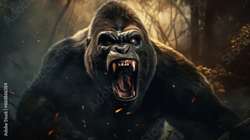 Image of an angry gorilla in the forest