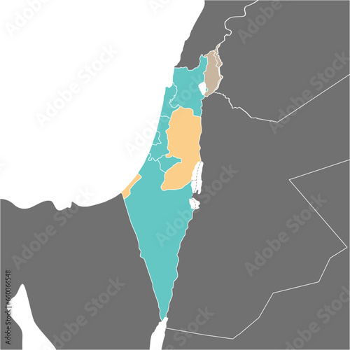 イスラエルの各地区とパレスチナ自治区、ゴラン高原の地図、周辺国