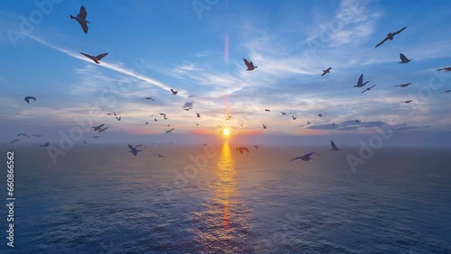 A flock of seagulls flying freely over the vast sea. photo