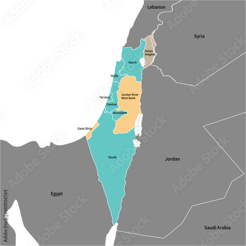 イスラエルの各地区とパレスチナ自治区、ゴラン高原の地図、周辺国、英語の地名入り