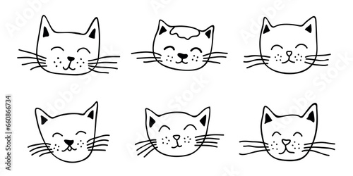 Hand drawn cat muzzle clipart. Cute pet face doodle set