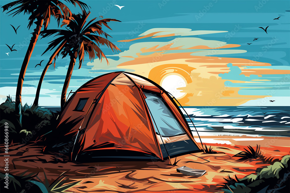 vector illustration of a view of a camping tent on the beach - obrazy, fototapety, plakaty 