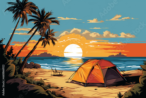 vector illustration of a view of a camping tent on the beach
