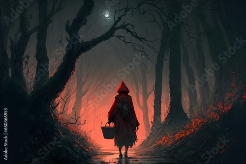 oo joo park as red riding hood wearing a red hooded cloak in a dark spooky forest carrying a basket in one hand and a knife in the pther hand dusk1 defocus05  photo