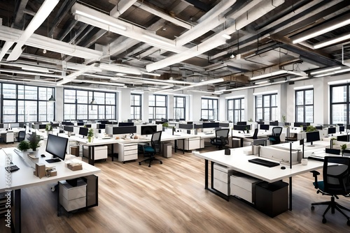 A panoramic view of a bustling open-plan office space with rows of desks and modern decor.