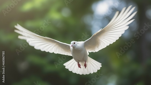 A white dove is flying flapping its wings, with a blurred natural background