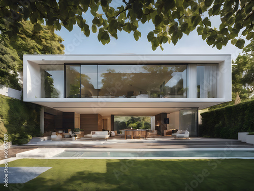 modern house with pool. Generative AI © Imesh