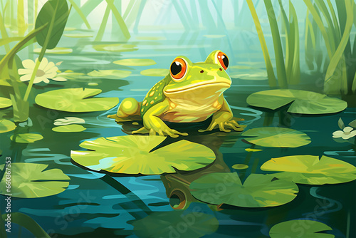 vector illustration of a view of a frog on an aquatic plant