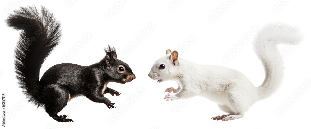 Black squirrel and white squirrel isolated on a transparent background