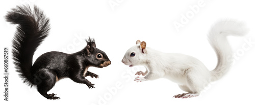 Black squirrel and white squirrel isolated on a transparent background