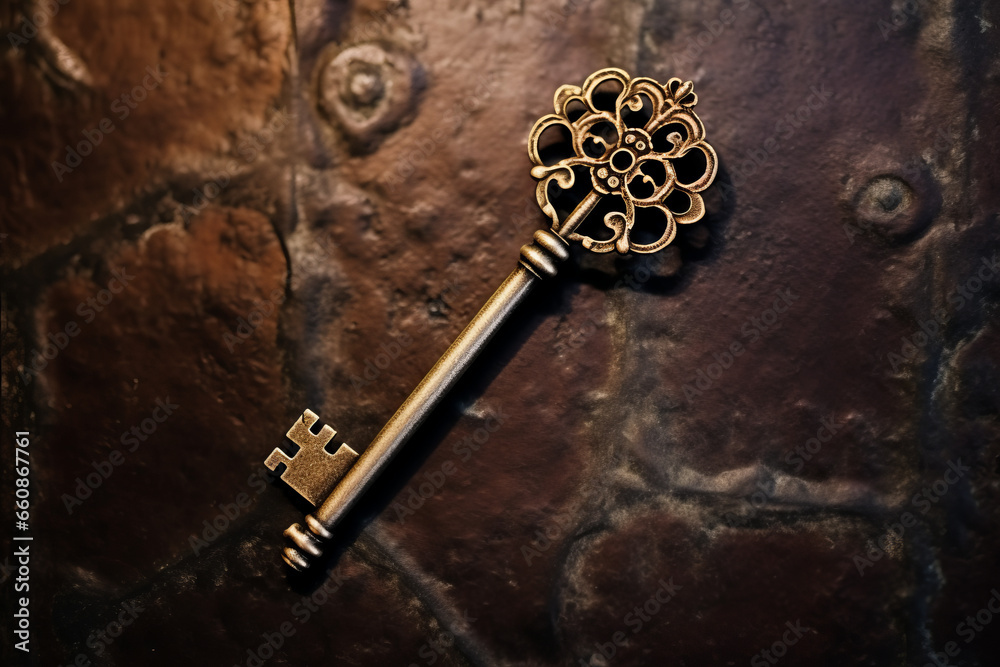 A gold skeleton key on a bronze coloured metal background
