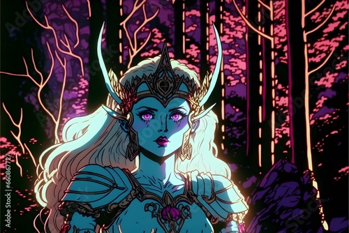 stillframe from Legend of Zelda as liveaction film SheRa in forest Darkfantasy 1987 Magic glitter sequins neon lights  photo