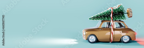 Brown old car toy with Christmas decorative pine tree on the roof. Christmas is coming concept on light blue background with copy space. 3D Rendering, 3D Illustration