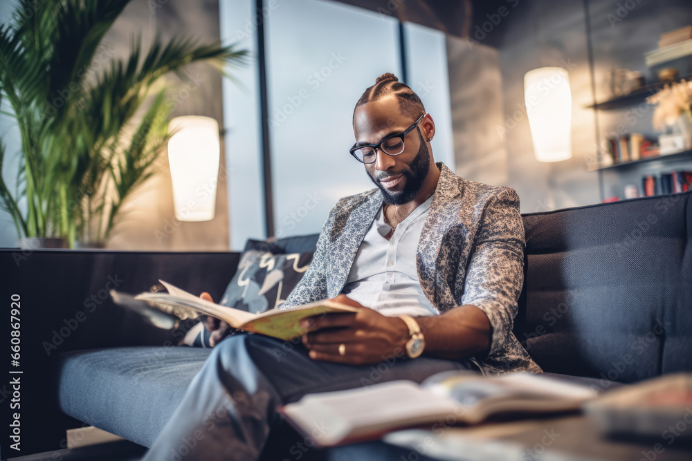 Middle aged black man reading book at home