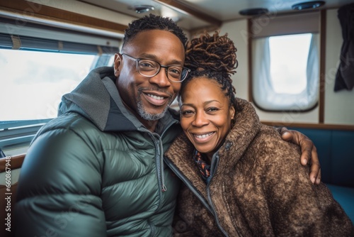 Middle age black couple riding car together photo