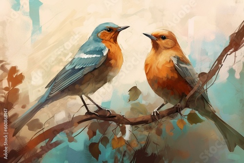 Illustration of two birds on a background. Generative AI